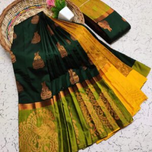 Golden Green Soft Semi Silk Saree